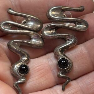 1950's Sterling silver snake earrings with onyx eyes